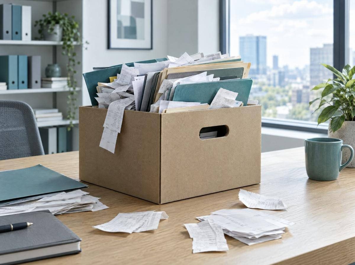 A box overflowing with receipts and folders
