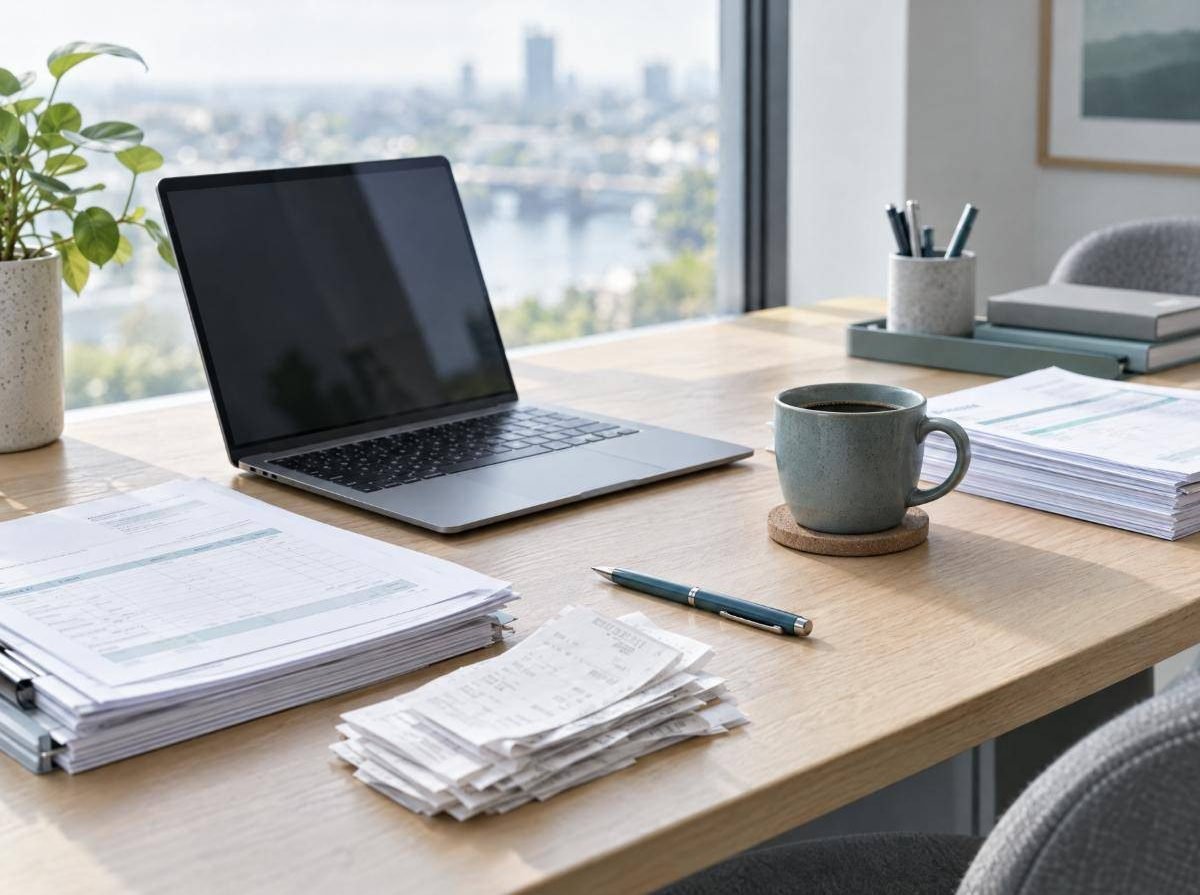 A laptop beside neat stacks of invoices on a desk by a window