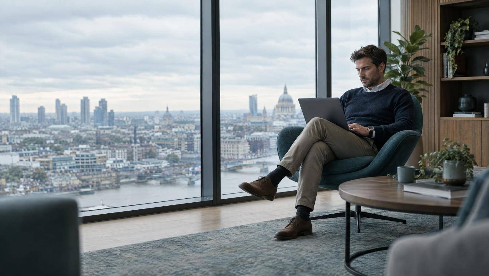 A business owner reviewing figures on a laptop beside tall office windows