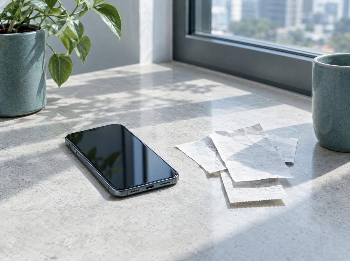 A phone and paper receipts on a stone desk