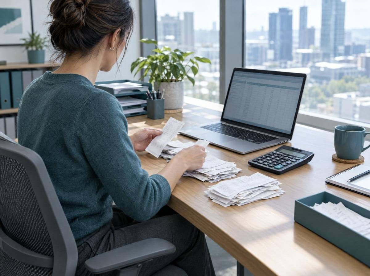 A bookkeeper sorting receipts beside a calculator and laptop
