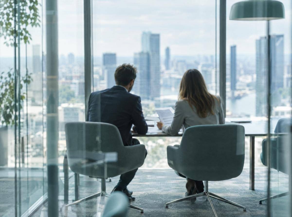 Two people reviewing documents in a glass meeting room