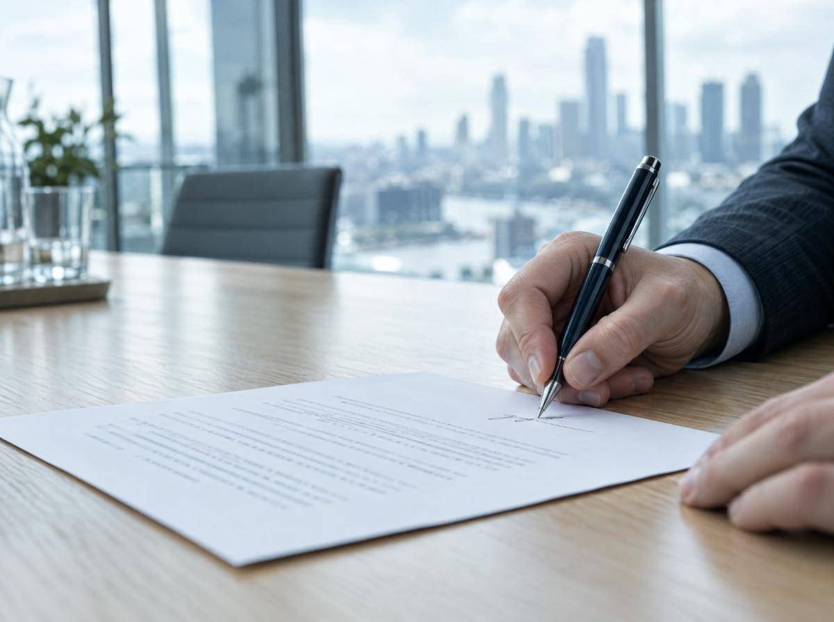 A hand signing a letter in a bright meeting room