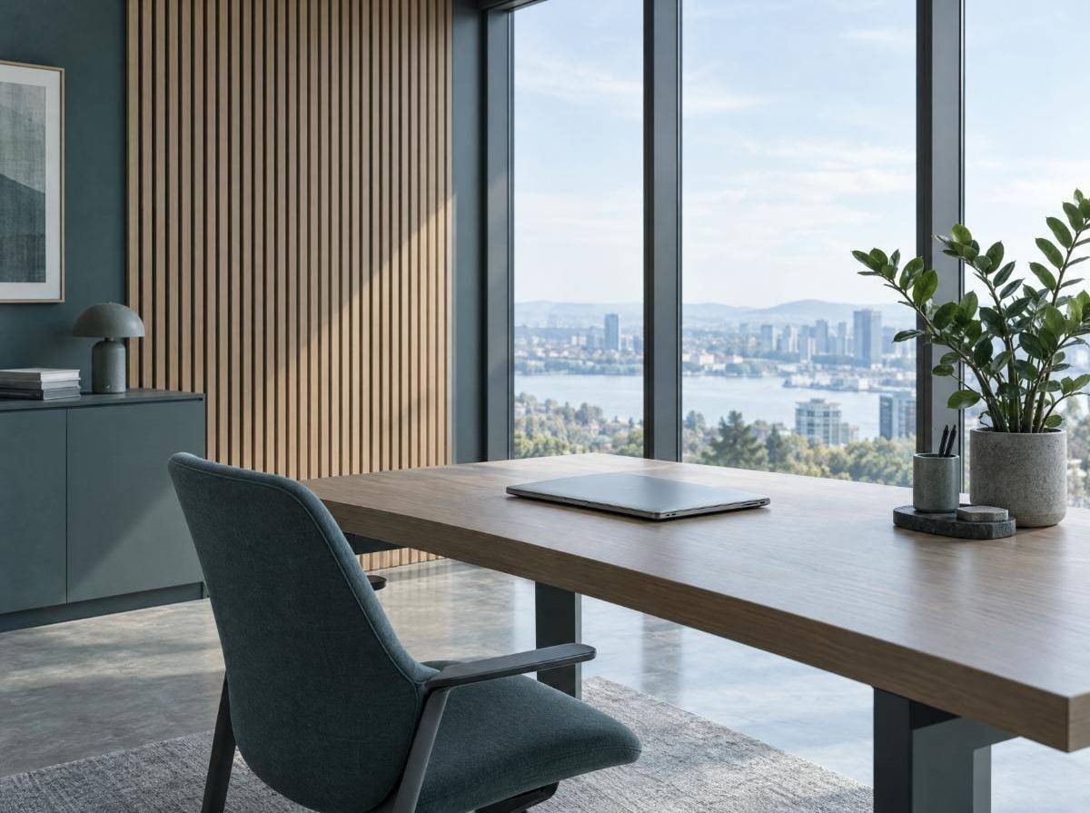 A calm, tidy office desk beside tall windows